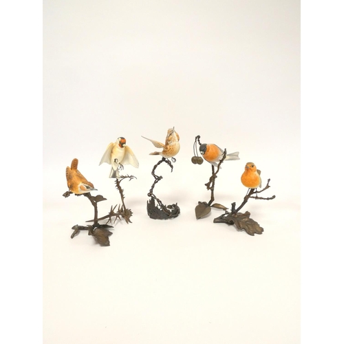 192 - Albany fine bone china painted bird figures on bronze foliate bases to include Bullfinch, Goldfinch,... 