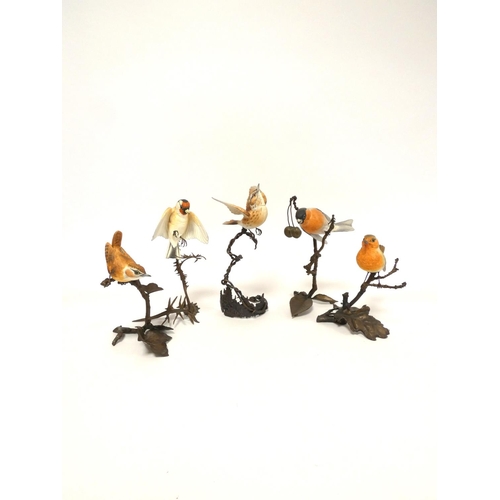 192 - Albany fine bone china painted bird figures on bronze foliate bases to include Bullfinch, Goldfinch,... 