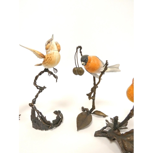 192 - Albany fine bone china painted bird figures on bronze foliate bases to include Bullfinch, Goldfinch,... 