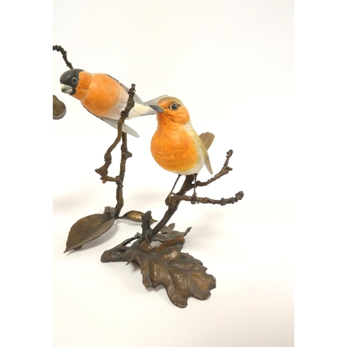 192 - Albany fine bone china painted bird figures on bronze foliate bases to include Bullfinch, Goldfinch,... 