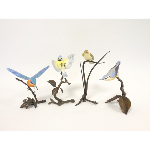 193 - Albany fine bone china painted bird figures on bronze foliate bases to include Kingfisher, Blue Tit,... 