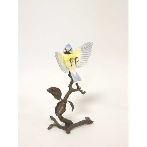 193 - Albany fine bone china painted bird figures on bronze foliate bases to include Kingfisher, Blue Tit,... 