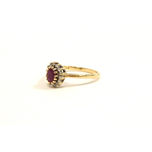 86 - Hallmarked 9ct gold ruby and diamond cluster ring, size O 2.6g .15ct 