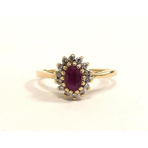 86 - Hallmarked 9ct gold ruby and diamond cluster ring, size O 2.6g .15ct 