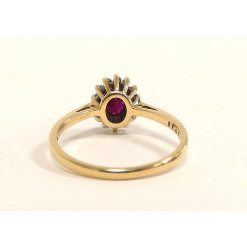 86 - Hallmarked 9ct gold ruby and diamond cluster ring, size O 2.6g .15ct 