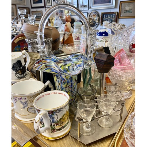 308 - Miscellaneous items to include Royal souvenir cups, crystal vase, art glass Murano style basket vase... 