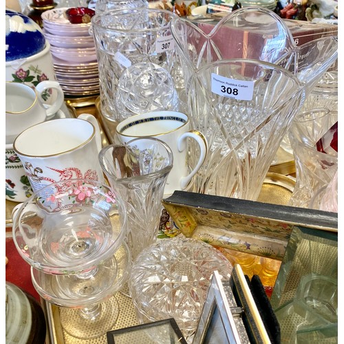 308 - Miscellaneous items to include Royal souvenir cups, crystal vase, art glass Murano style basket vase... 