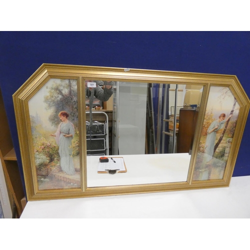 118 - Large over mantel gilt frame mirror, bevel glass, picture either side. H70cm x 120cm.