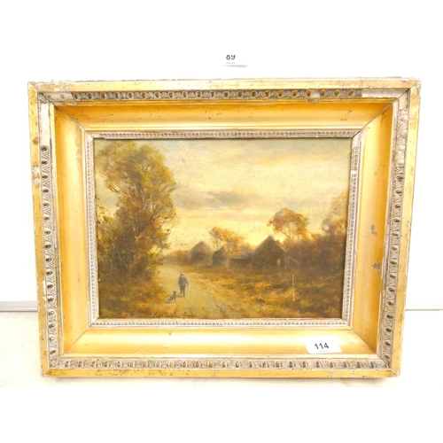 114 - Antique gilt frame oil on board landscape, indistinctively signed.