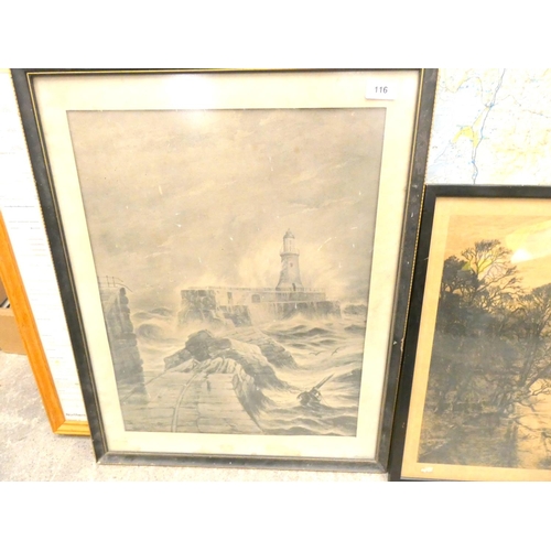 116 - Pencil signed Slocombe etching and J D Liddell Stormy Seas print.