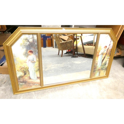 118 - Large over mantel gilt frame mirror, bevel glass, picture either side. H70cm x 120cm.