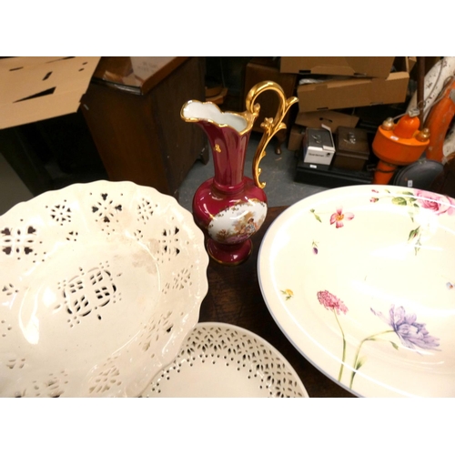 125 - Box of various to include large Wedgwood fruit bowl, Wade cake stand, Limoges vases etc.