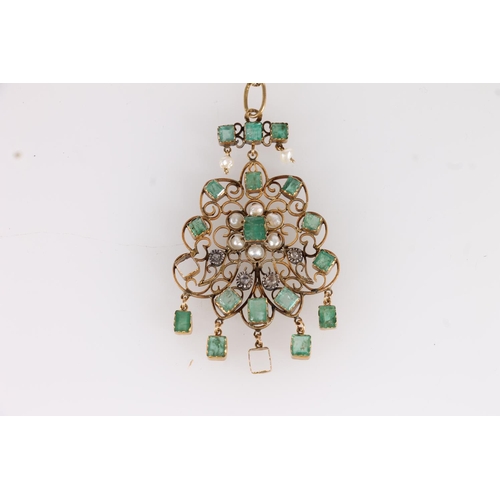 605 - Edwardian emerald, seed pearl and diamond pendant, probably of Russian origin, the square cut emeral... 