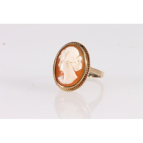 505 - 9ct gold dress ring with Italian carved female portrait cameo shell oval, maker CMW, ring size J, 2.... 