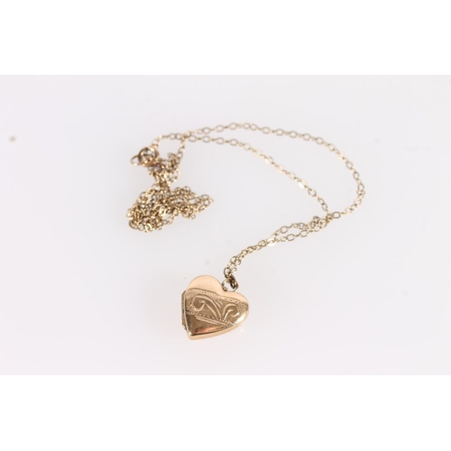 507 - 9ct gold heart shaped pendant locket on 9ct gold neck chain, 3.9g gross.