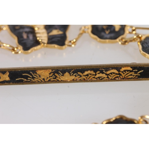 510 - Japanese damascene work gold and silver inlaid on steel bracelet with butterfly link and a similar b... 