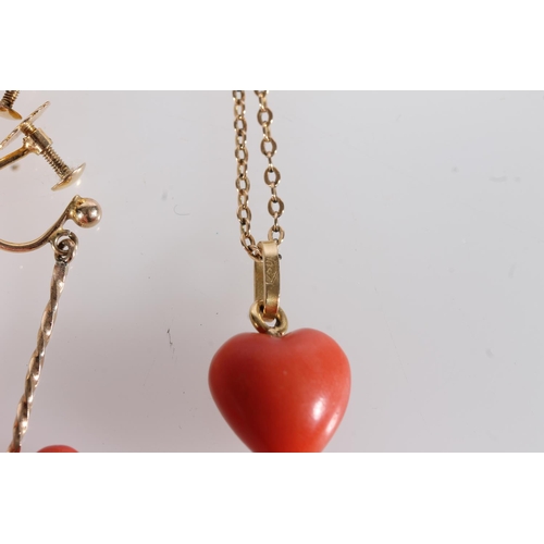 534 - 18ct gold and coral heart shaped pendant on 9ct gold chain, with matching 9ct gold and coral drop ea... 