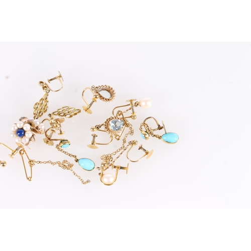 541 - 9ct gold and other yellow metal earrings set with turquoise, aquamarines, pearls etc.