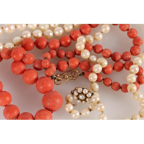 552 - Simulated pearl necklace with real pearl and 9ct gold clasp, together with a coral bead necklace wit... 