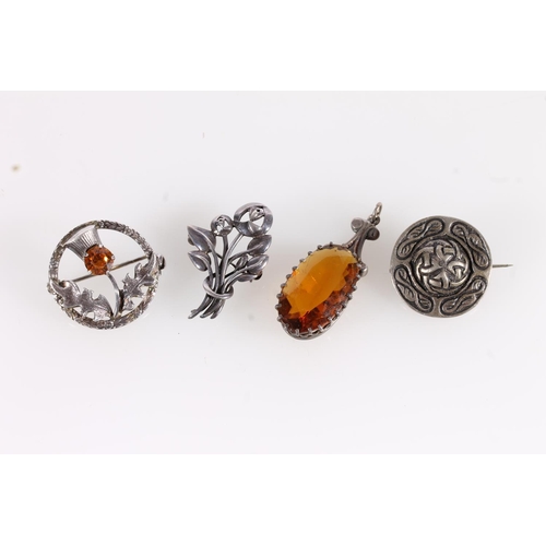 563 - Ola Gorie Iona silver shield brooch, two other Scottish silver brooches and silver pendant (4)