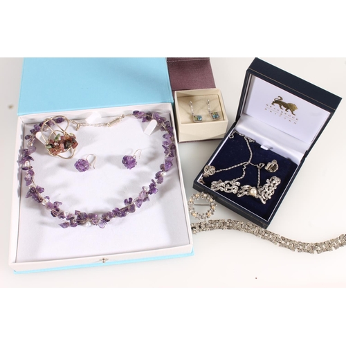 567 - Amethyst necklace and earrings set with similar brooch, other costume jewellery (qty)