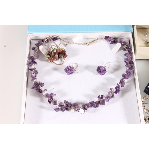 567 - Amethyst necklace and earrings set with similar brooch, other costume jewellery (qty)