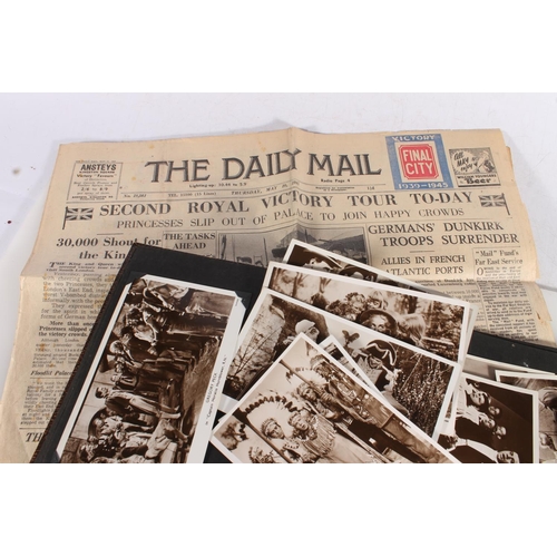 598 - Selection of postcards, 1950s film star photos and a Daily Mail newspaper for May 10th 1945.