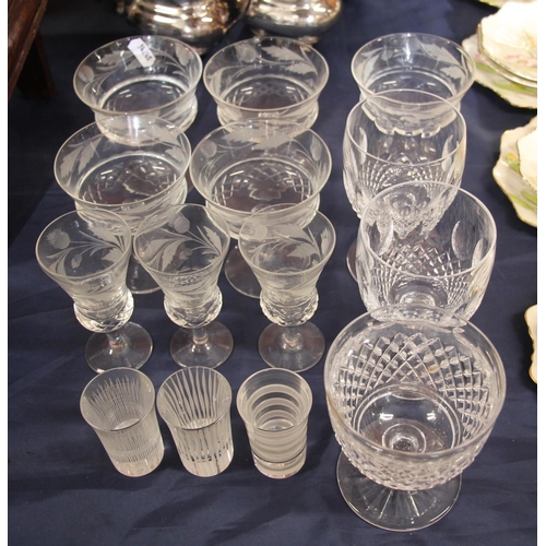 19 - Glassware to include thistle engraved glasses, two Waterford Crystal goblets, and Scandinavian aperi... 