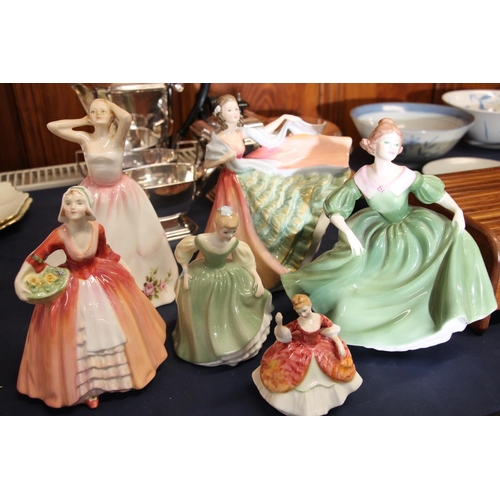 22 - Five Royal Doulton figurines to include Anne, Clare and a Coalport figure etc.