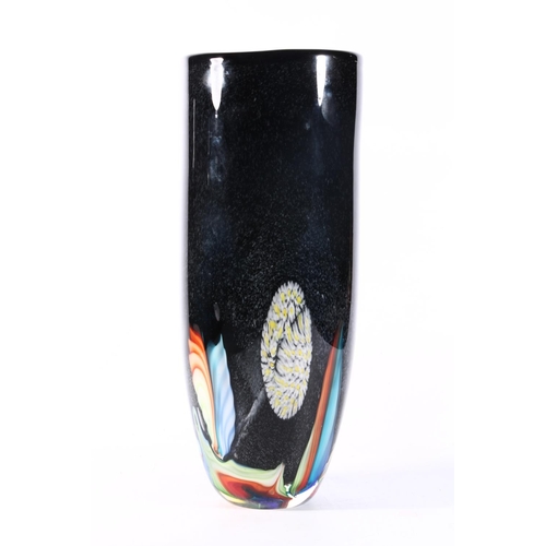 33 - Glass vase in black with polychrome decoration, 40cm high.