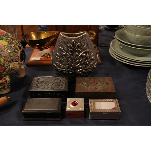 49 - Metallic glazed pottery vase decorated with Tree of Life, and five decorative boxes.