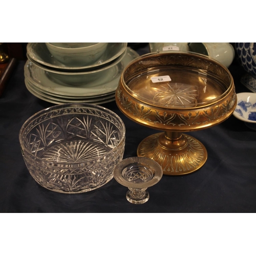 52 - Dutch Arts & Crafts style brass tazza with glass insert, etched name to base Daalderop Kdm, an E... 