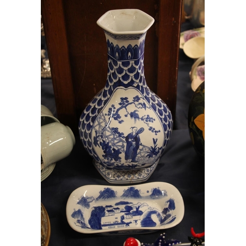 53 - 20th century blue and white hexagonal vase decorated with lady in a garden, 36cm high and a small Ch... 