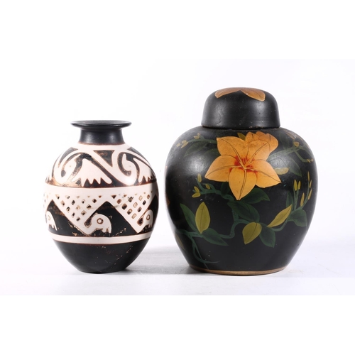 55 - Chinese black and yellow pottery ginger jar and a Tribal style Studio Pottery vase, largest 25cm hig... 