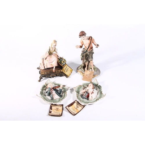 59 - Two Capodimonte figurines and two Capodimonte wall plaques.