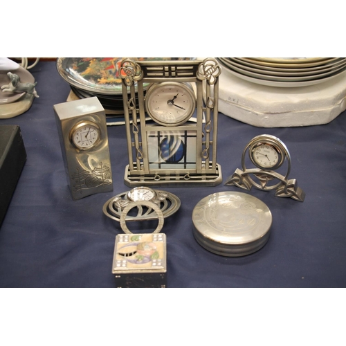 64 - Charles Rennie Mackintosh Glasgow style pewter clocks and trinket boxes.  (6)