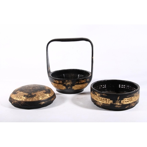 66 - Chinese black lacquer and gilt wedding basket, 19cm high.