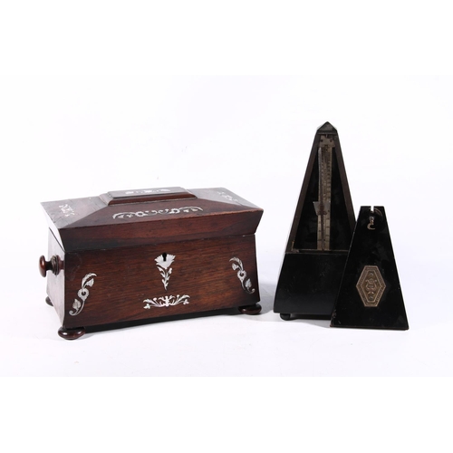 72 - 19th century rosewood and mother-of-pearl inlaid tea caddy and a later metronome.