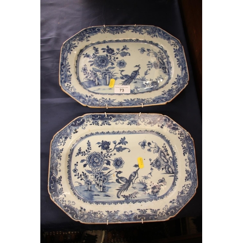 73 - Pair of Chinese Qing period export blue and white plates decorated with exotic birds in garden, unde... 