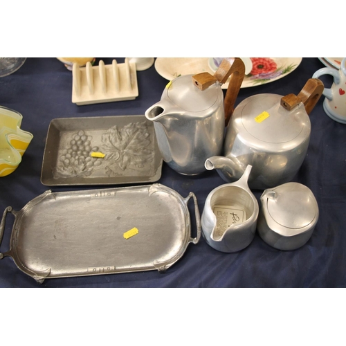 90 - Picquotware teaset with a German pewter tray and a Dutch Art Nouveau pewter tray.