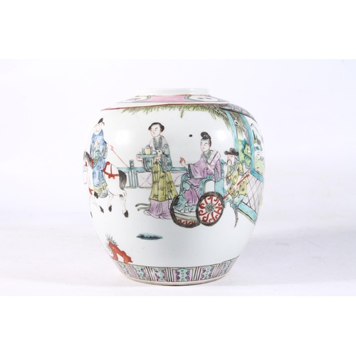 106 - Early 20th century Chinese famille rose ginger jar decorated with garden attendant scene (lacking li... 