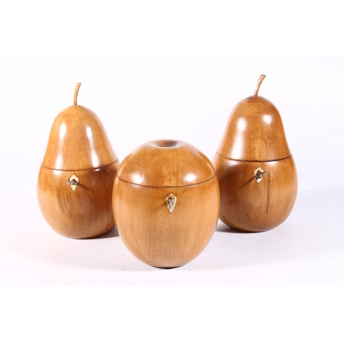 113 - Pair of late 20th century fruitwood tea caddies in the form of pears, and a similar apple form tea c... 