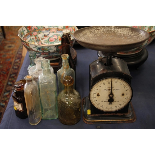 116 - Vintage family scale, medicine, and other, bottles.