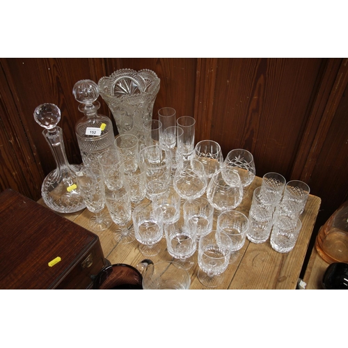 152 - Glassware to include decanters, drinking glasses, vases, etc.