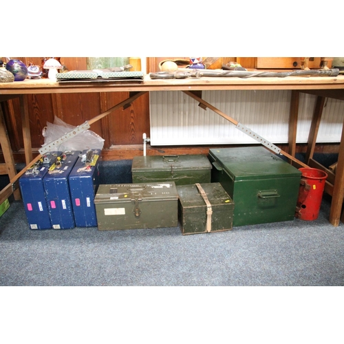 169 - British military and other ammunition, ration boxes, and Naval blue painted boxes.