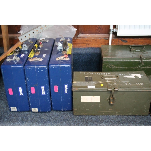 169 - British military and other ammunition, ration boxes, and Naval blue painted boxes.