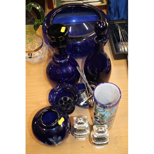 181 - Bristol Blue glassware, a pair of silver-plated salt and pepper pots, etc.