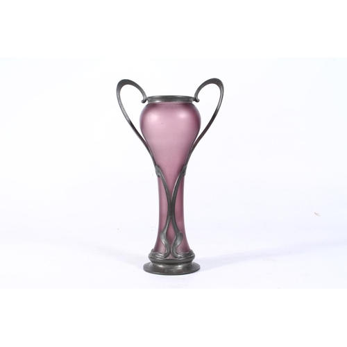 267 - Pewter and glass Art Nouveau vase, 26cm high.