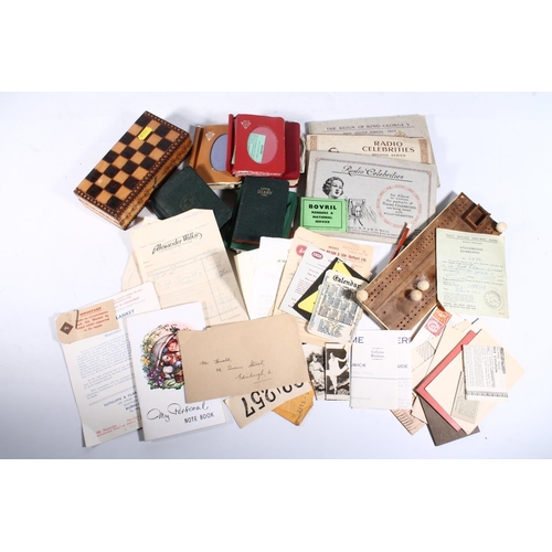 269 - Vintage cribbage board, travelling chess set, cigarette cards and other ephemera, etc.