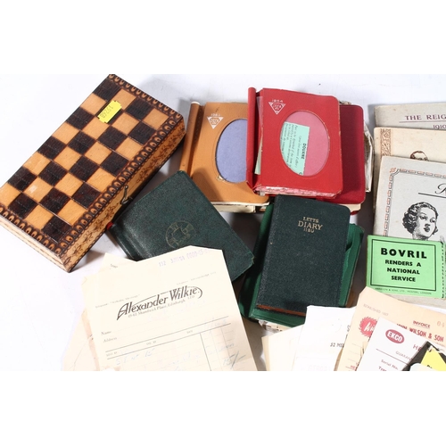 269 - Vintage cribbage board, travelling chess set, cigarette cards and other ephemera, etc.